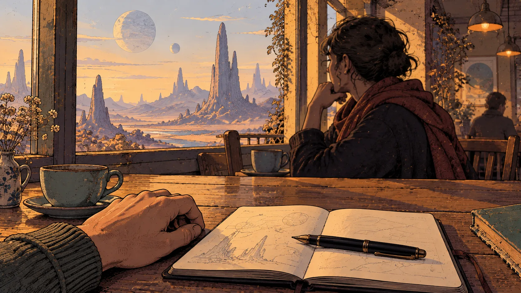 Illustration façon bande dessinée d'une table de café : le stylo de l'intervieweur est posé sur le carnet pendant que la personne en face regarde par la fenêtre un paysage onirique, en pleine réflexion
