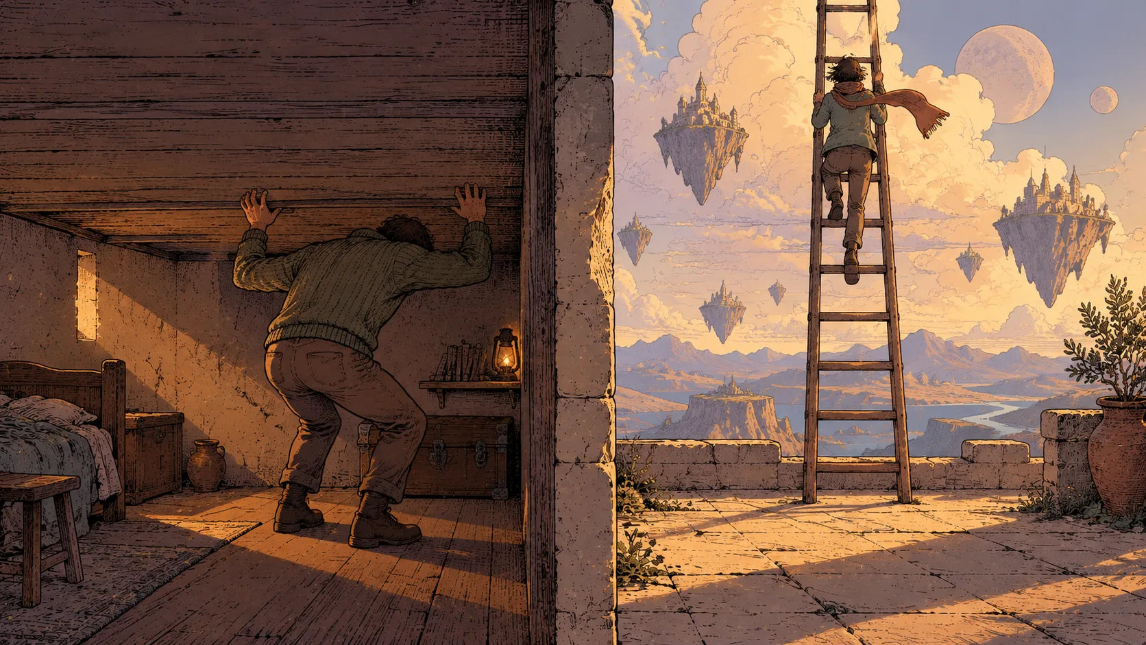 Illustration façon bande dessinée coupée en deux : à gauche, un homme pousse contre un plafond bas ; à droite, une échelle monte vers un ciel ouvert plein d'îles flottantes, et quelqu'un y grimpe