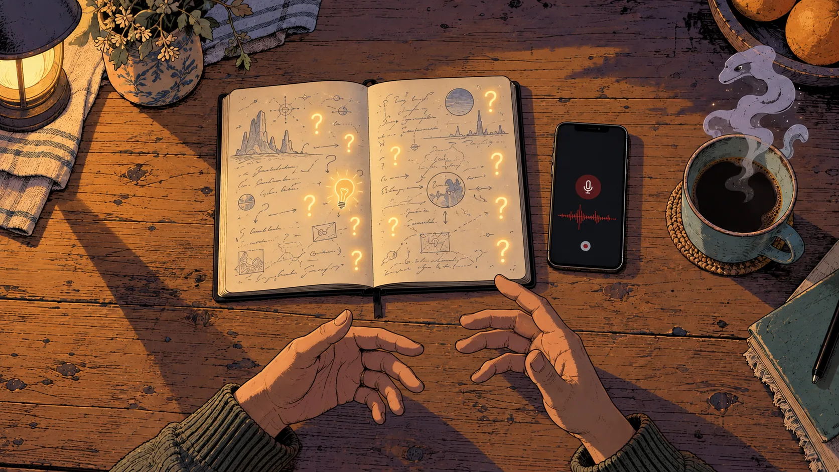 Illustration façon bande dessinée d'une table en bois au crépuscule : un carnet ouvert plein de points d'interrogation lumineux, un téléphone qui enregistre la conversation, une tasse de café et les mains de quelqu'un qui raconte