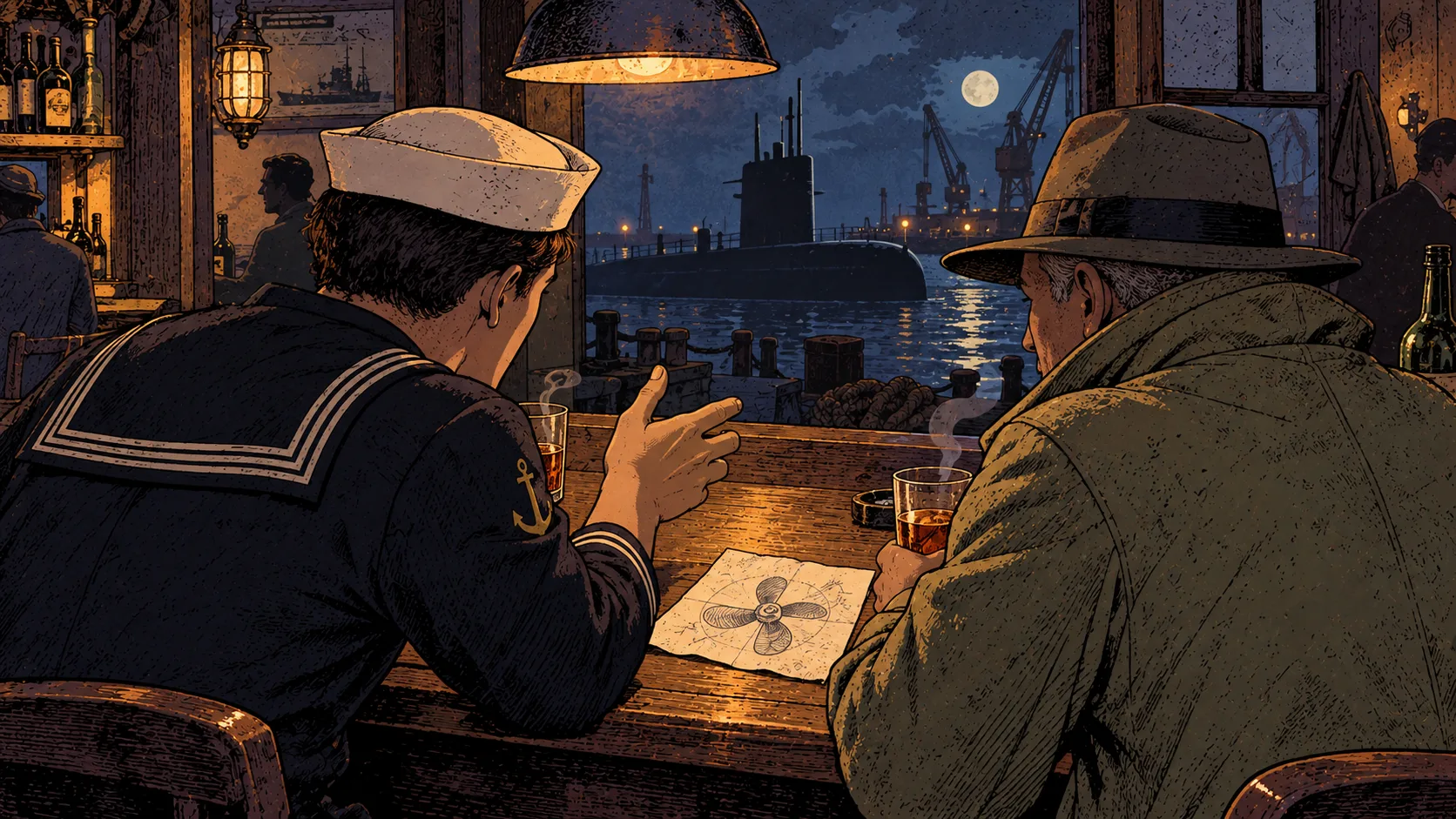 Comic-style illustration of a 1970s harbour bar at night: a young sailor talks with his hands while a man in a hat and raincoat listens, a napkin with a propeller sketch between them, a submarine moored outside the window