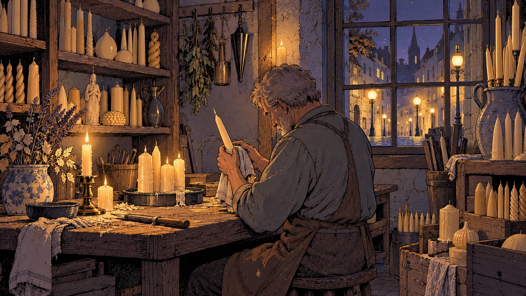 Comic-style illustration of an old candle maker polishing a candle in his workshop at night, while the street outside the window glows with lamp posts