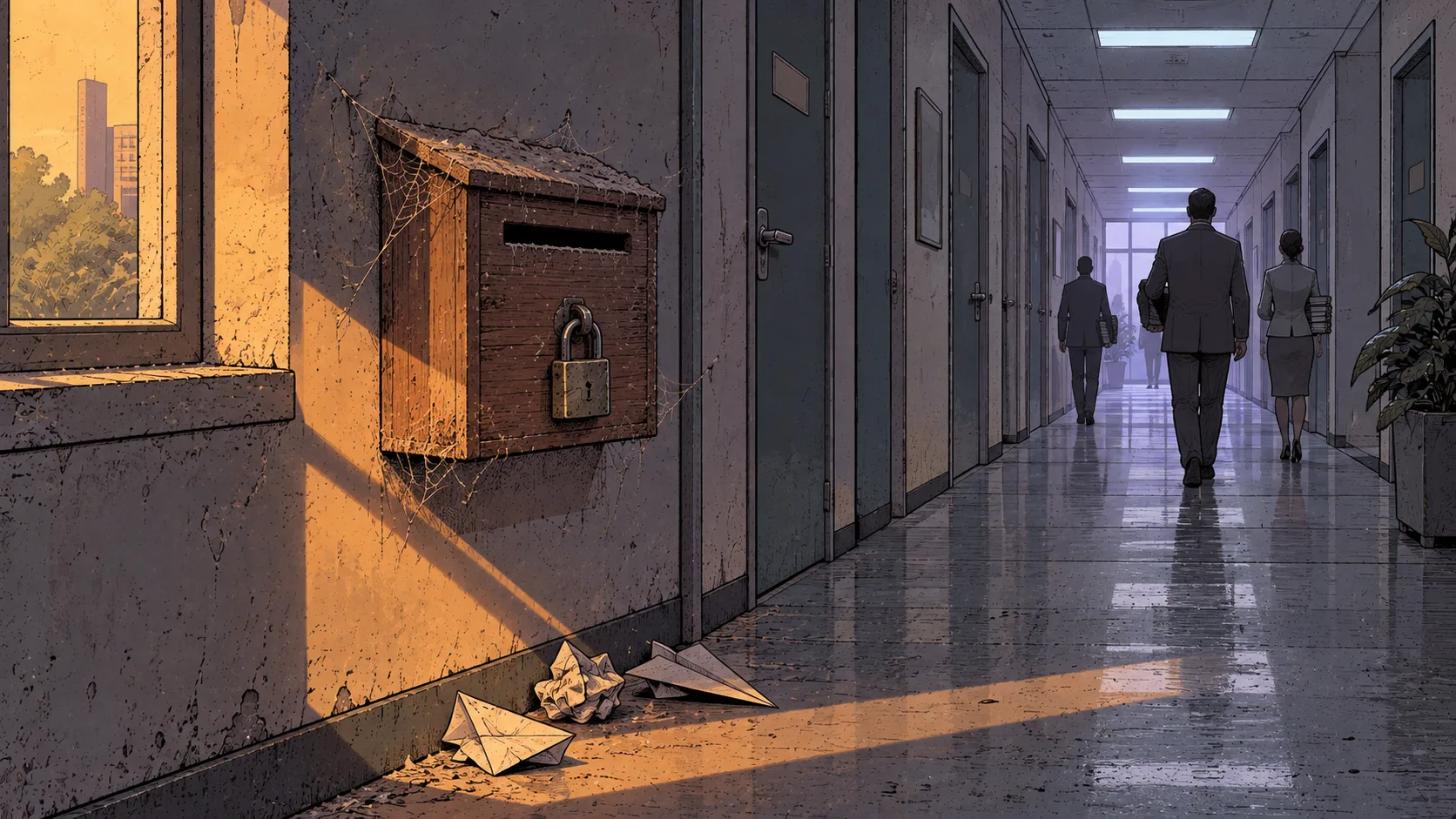 Comic-style illustration of a padlocked suggestion box covered in cobwebs in an office corridor, crumpled paper planes on the floor below, employees walking away