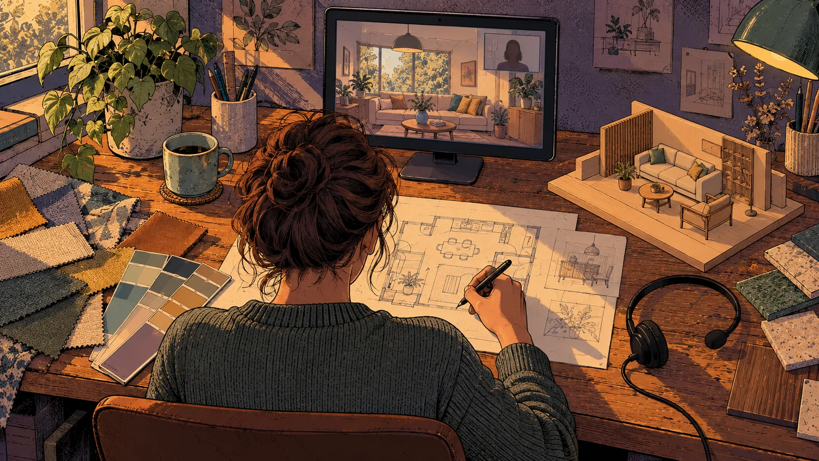 Illustration façon bande dessinée d'un bureau devenu atelier de décoration : un casque posé de côté, des échantillons de tissu et de peinture, un plan en cours de dessin, une maquette de salon et un appel vidéo à l'écran