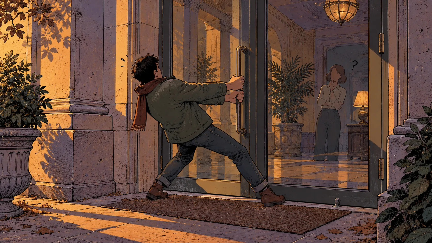 Comic-style illustration of a man pulling with all his strength on the handle of a glass door that opens by pushing, while a woman inside watches, puzzled