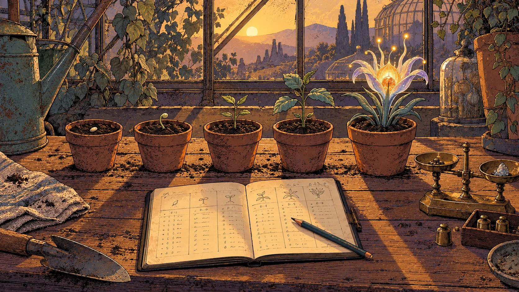 Illustration façon bande dessinée de l'établi d'une serre : une rangée de pots à tous les stades de croissance, de la graine à une fleur lumineuse, à côté d'un registre ouvert et d'une balance en laiton