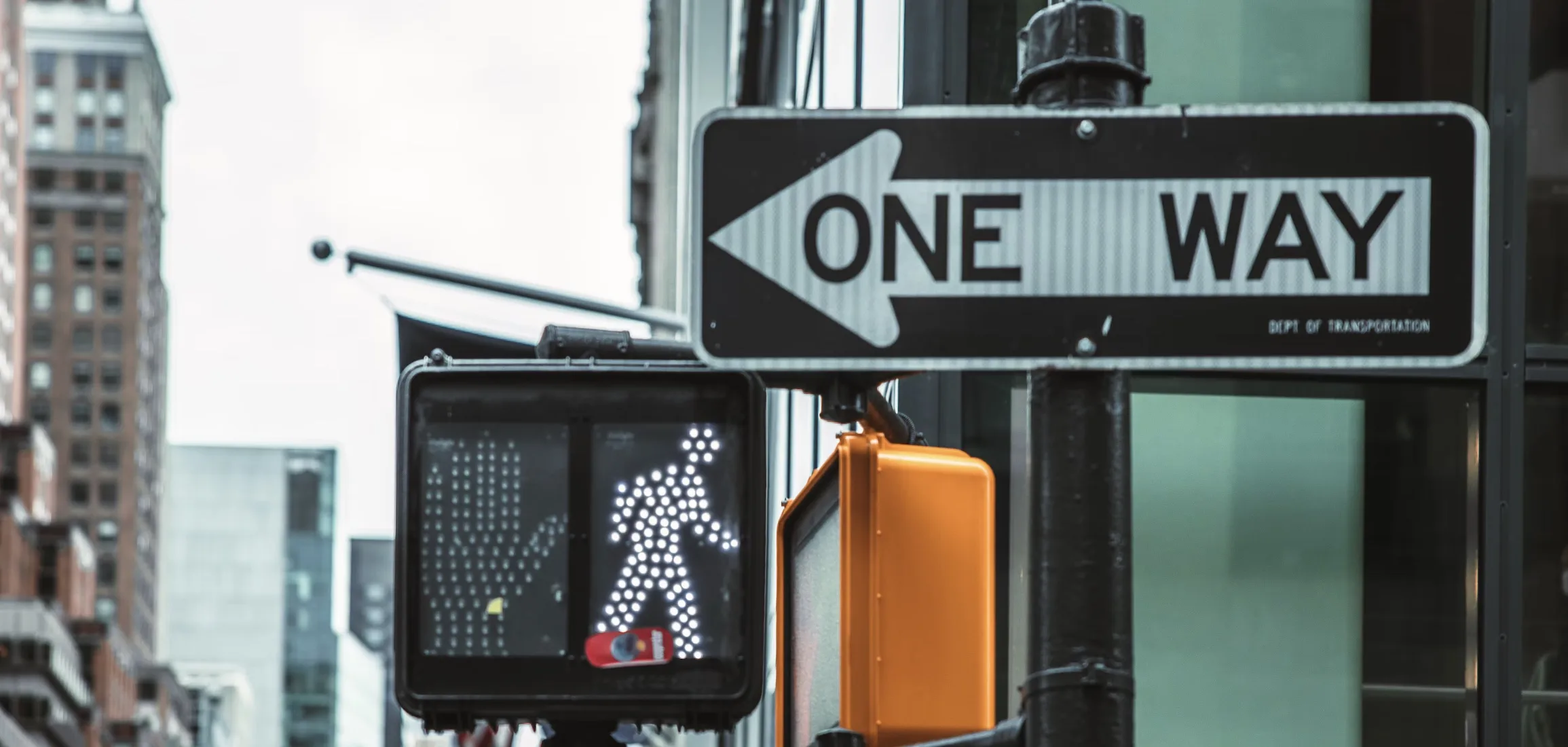 A black and white ONE WAY street sign pointing left, next to a pedestrian signal showing the walk symbol, on a city street