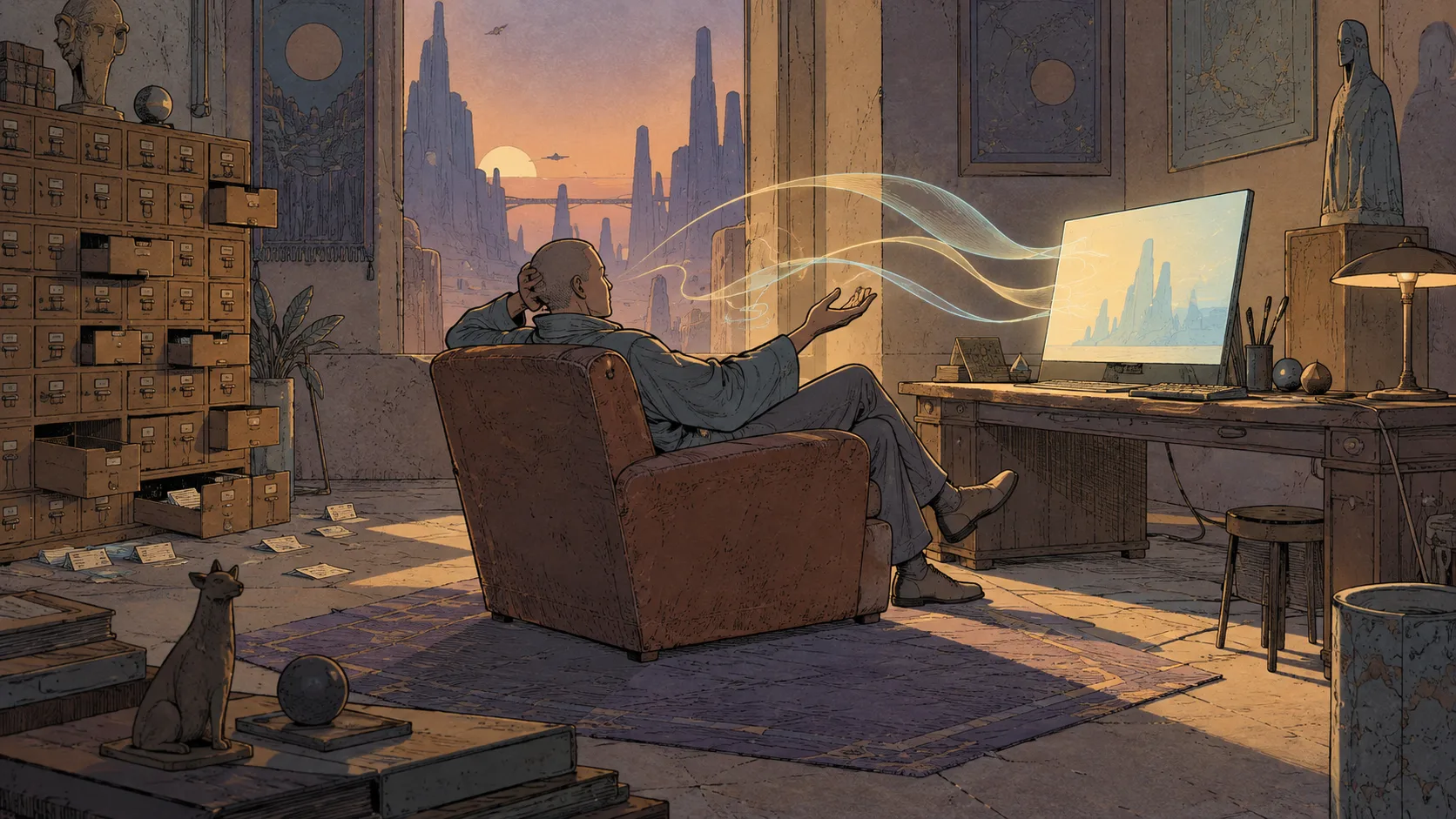 Illustration façon bande dessinée d'un homme renversé dans un fauteuil qui parle à un écran lumineux, des rubans de lumière circulant entre eux, pendant qu'un vieux meuble à fiches reste ouvert et abandonné