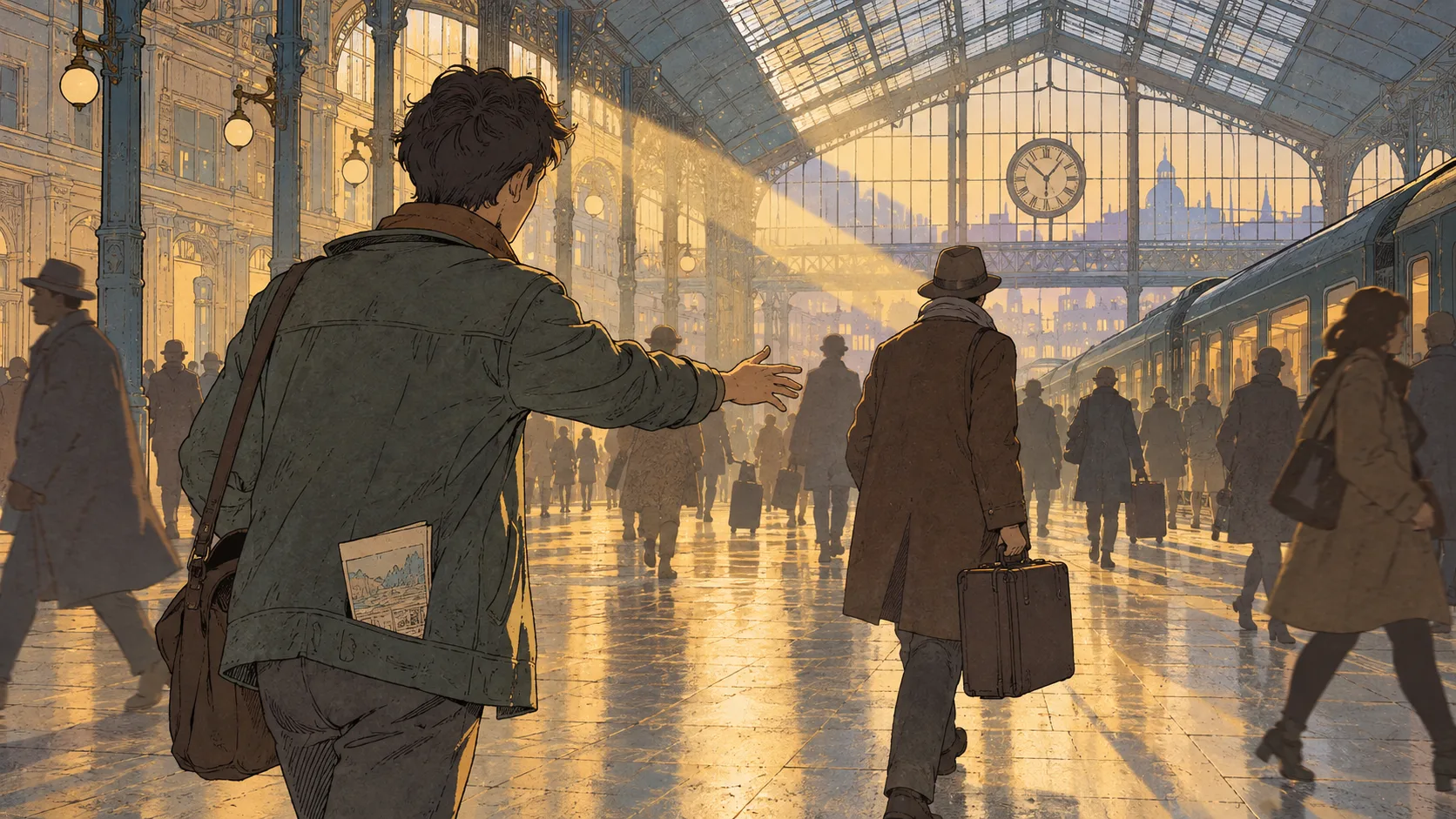 Illustration façon bande dessinée d'un hall de gare animé dans une lumière dorée : un jeune homme, un guide plié dans la poche, tend la main pour aborder un voyageur qui porte une valise