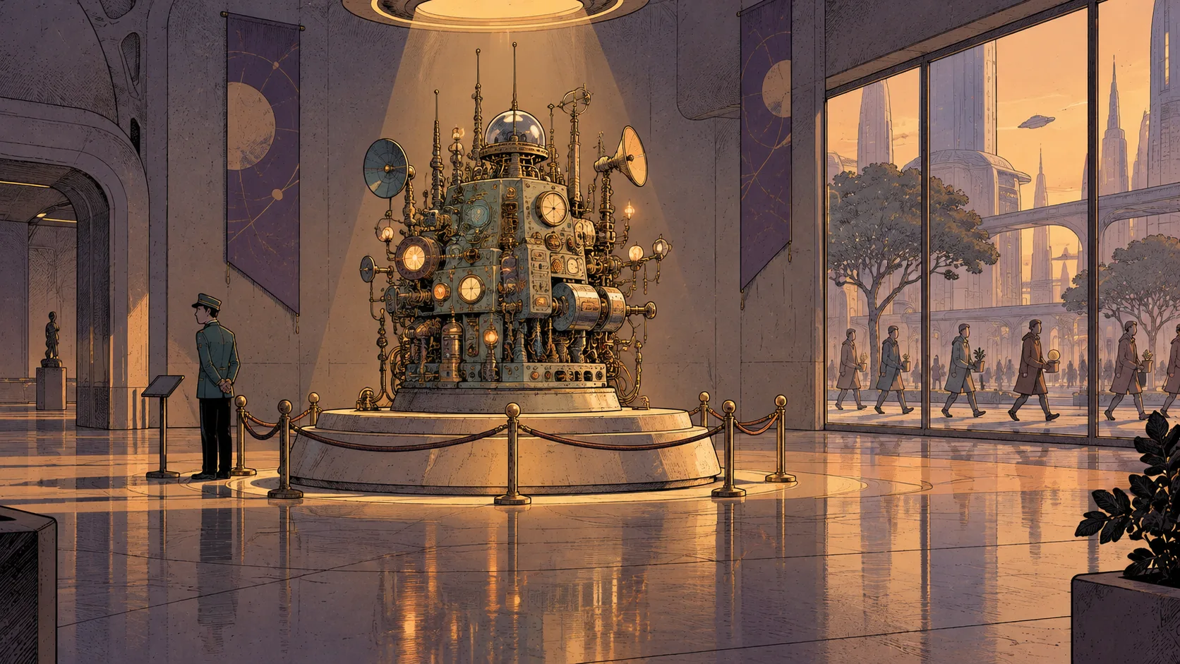 Comic-style illustration of an elaborate machine full of dials and antennas on a pedestal in an empty showroom, while people outside the window walk past carrying small simple objects