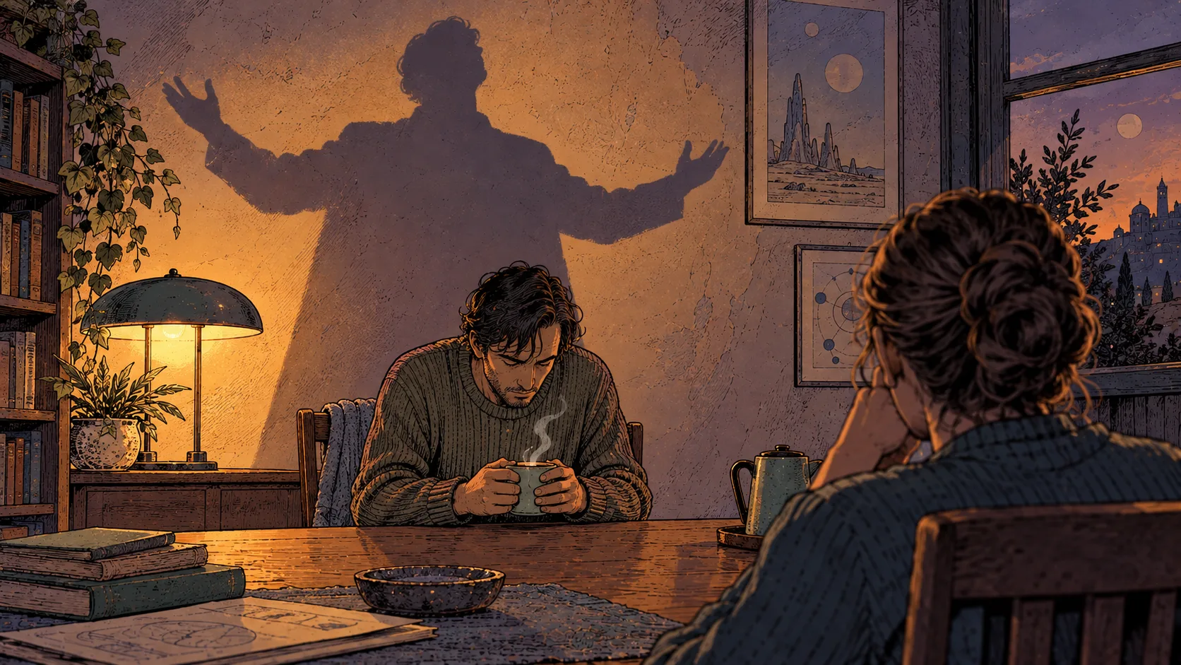 Comic-style illustration of a man hunched over a cup of coffee at a table, while his shadow on the wall stands tall with arms wide open like an orator; a listener watches from the foreground