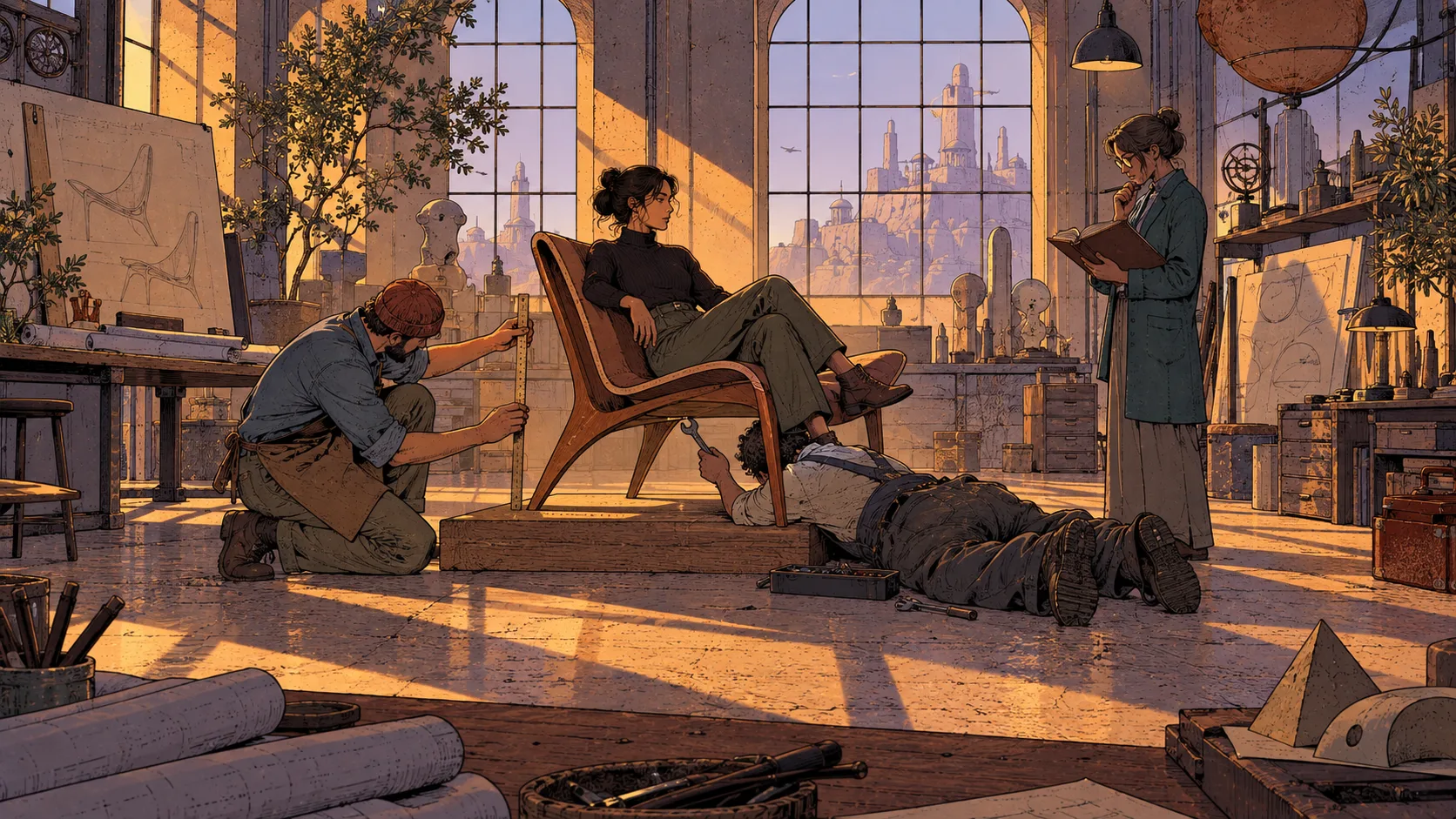 Comic-style illustration of a designer chair in a workshop, examined at once by four people: one sits in it, one measures it, one checks underneath with a wrench, one takes notes in a ledger