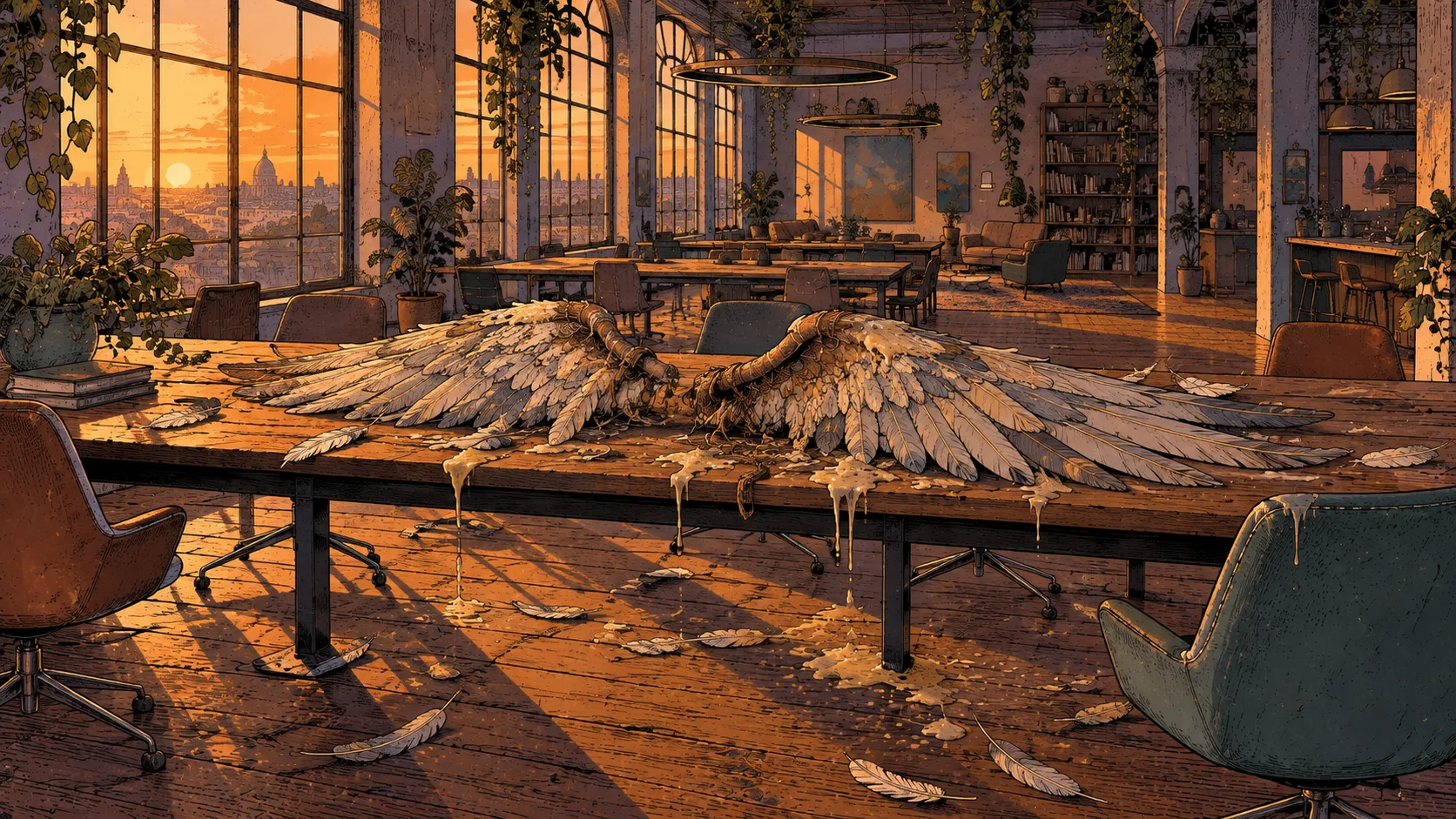 Comic-style illustration of a pair of feather and wax wings lying on a table in an empty coworking space at sunset, melted wax dripping onto the floor among scattered feathers