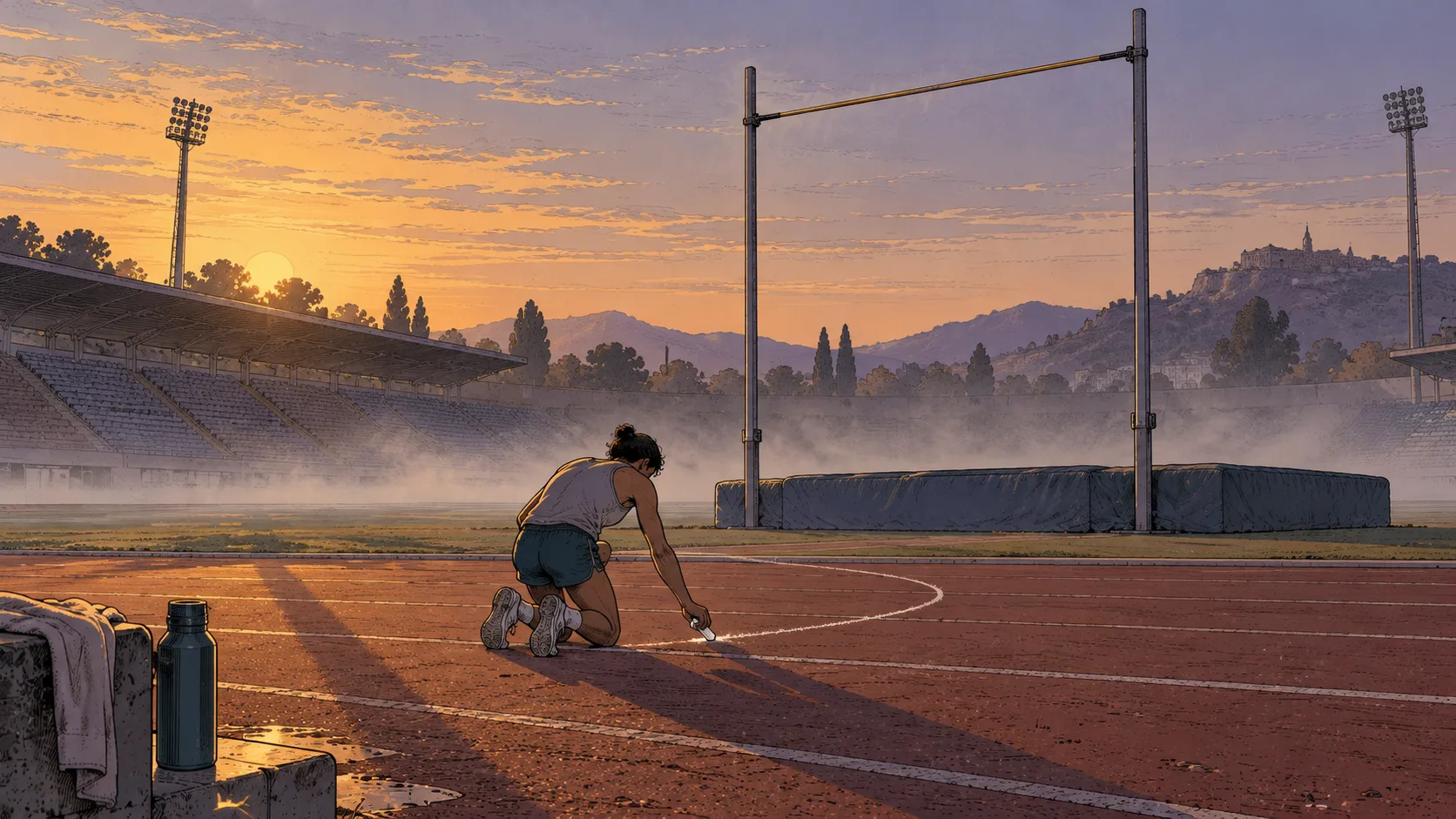 Comic-style illustration of an empty stadium at dawn: a high jump bar set very high while an athlete kneels on the track, drawing a new run-up curve in chalk