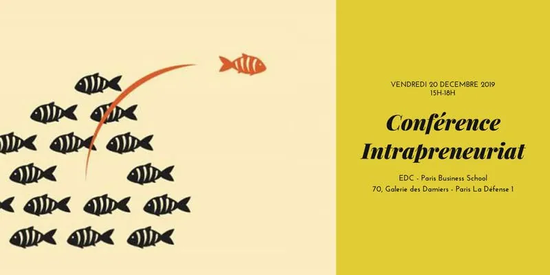 Affiche de la conférence Intrapreneuriat : un poisson orange nage à contre-courant d’un banc de poissons noirs