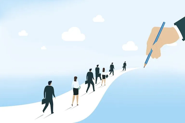 Une main trace au crayon la pente que gravit une file de personnes