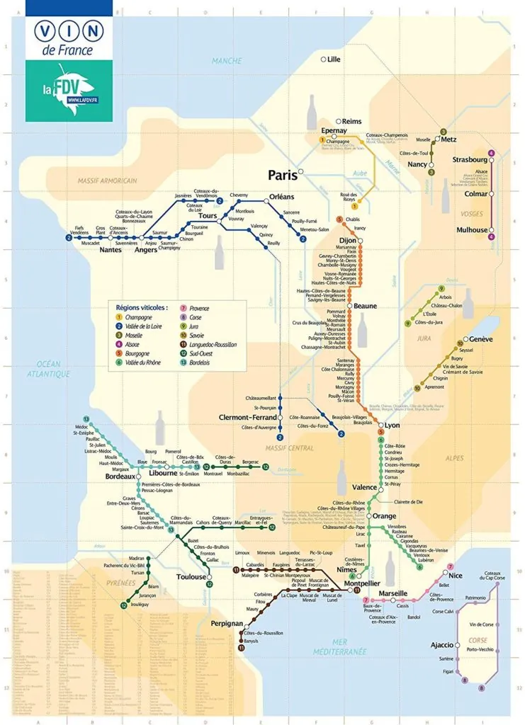 Map of French wine regions drawn in the style of the London Tube map