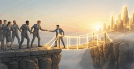 Conceptual illustration of an innovator building a bridge across a chasm to connect hesitant corporate executives with a futuristic vision, symbolizing a successful corporate innovation strategy based on empathy.