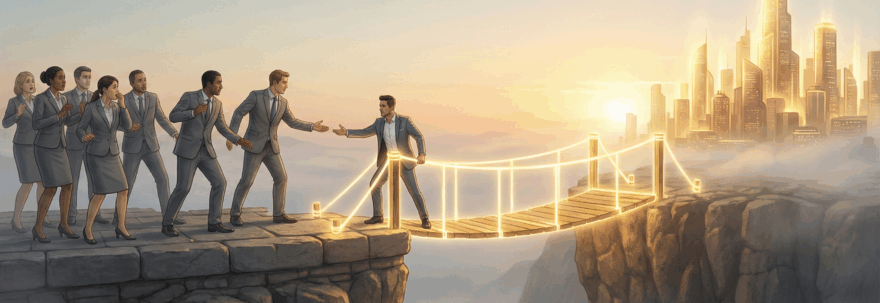 Conceptual illustration of an innovator building a bridge across a chasm to connect hesitant corporate executives with a futuristic vision, symbolizing a successful corporate innovation strategy based on empathy.