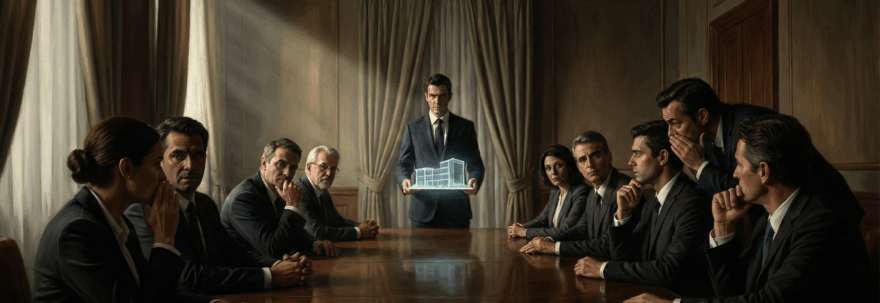 A dramatic, Renaissance-style digital painting of a modern corporate boardroom. A lone executive stands at the head of a long table presenting a glowing futuristic model, while other executives seated in the shadows look on with skepticism and whisper to one another.