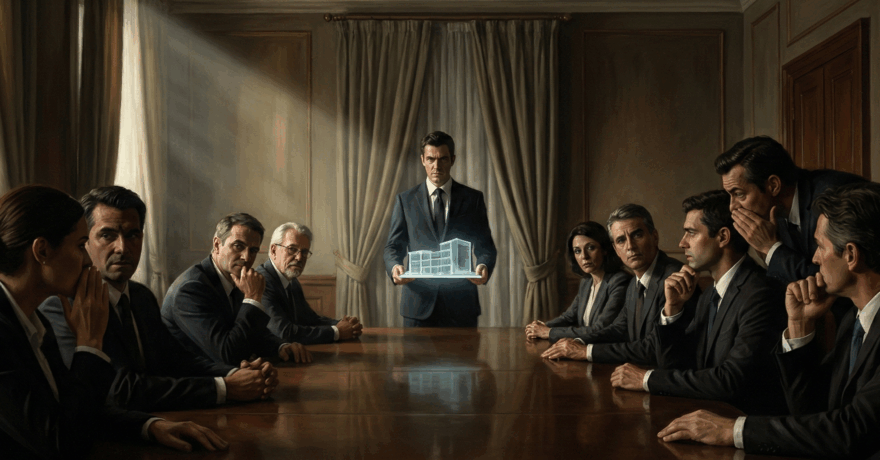 A dramatic, Renaissance-style digital painting of a modern corporate boardroom. A lone executive stands at the head of a long table presenting a glowing futuristic model, while other executives seated in the shadows look on with skepticism and whisper to one another.