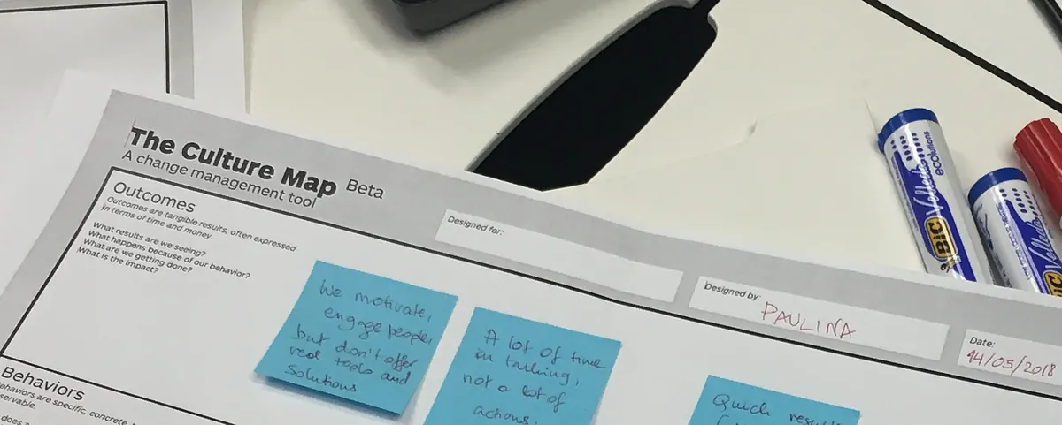 The Culture Map canvas covered with sticky notes during a workshop
