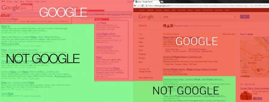google-search-results-pages-in-2008-versus-2012 Google results pages in 2008 and 2012, with Google’s own content in red and other sites in green