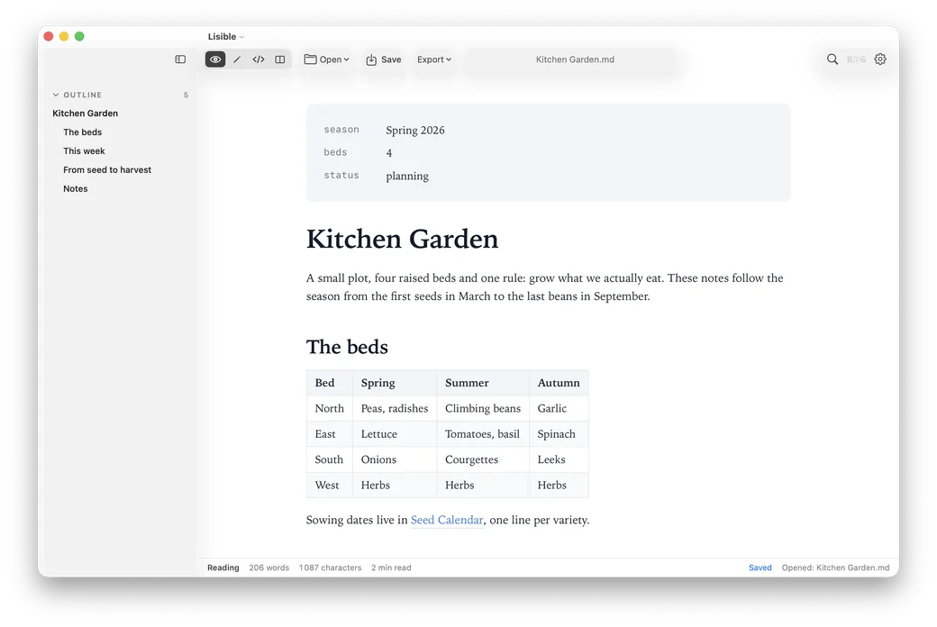 Lisible displaying a formatted Markdown document on macOS