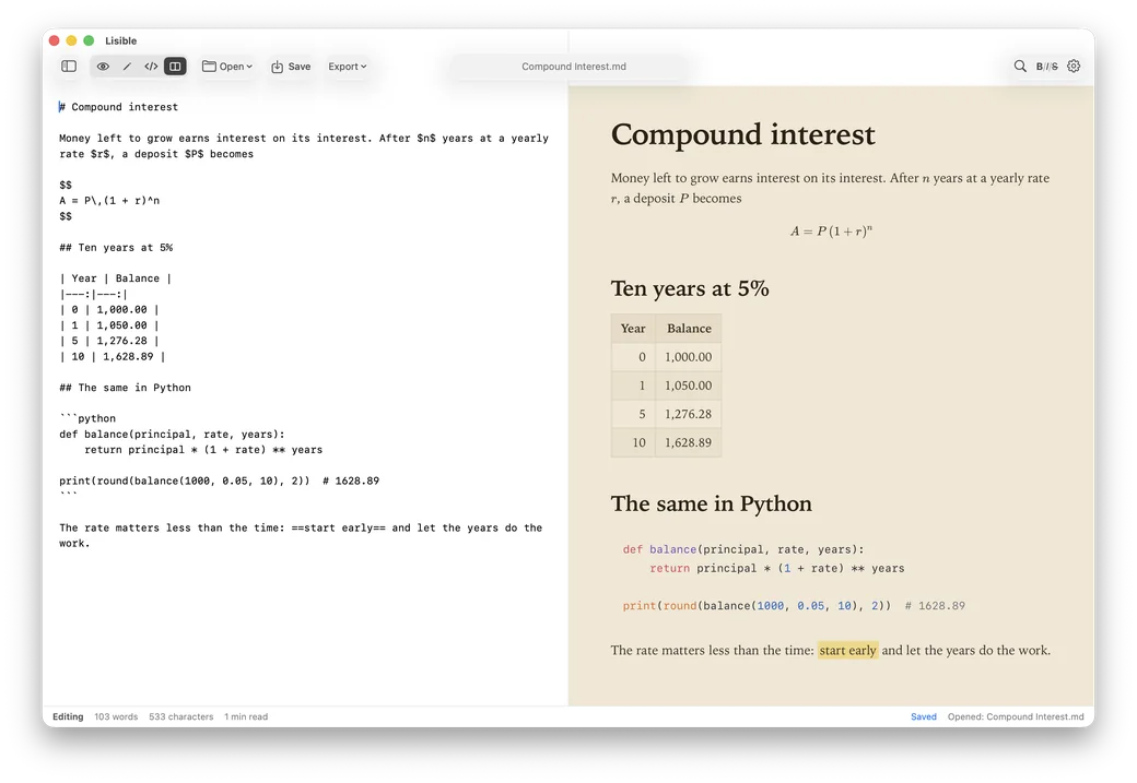 Lisible in Split view with the Sepia theme: the Markdown of a note on compound interest on the left, the finished page with its formula, table and Python code on the right.